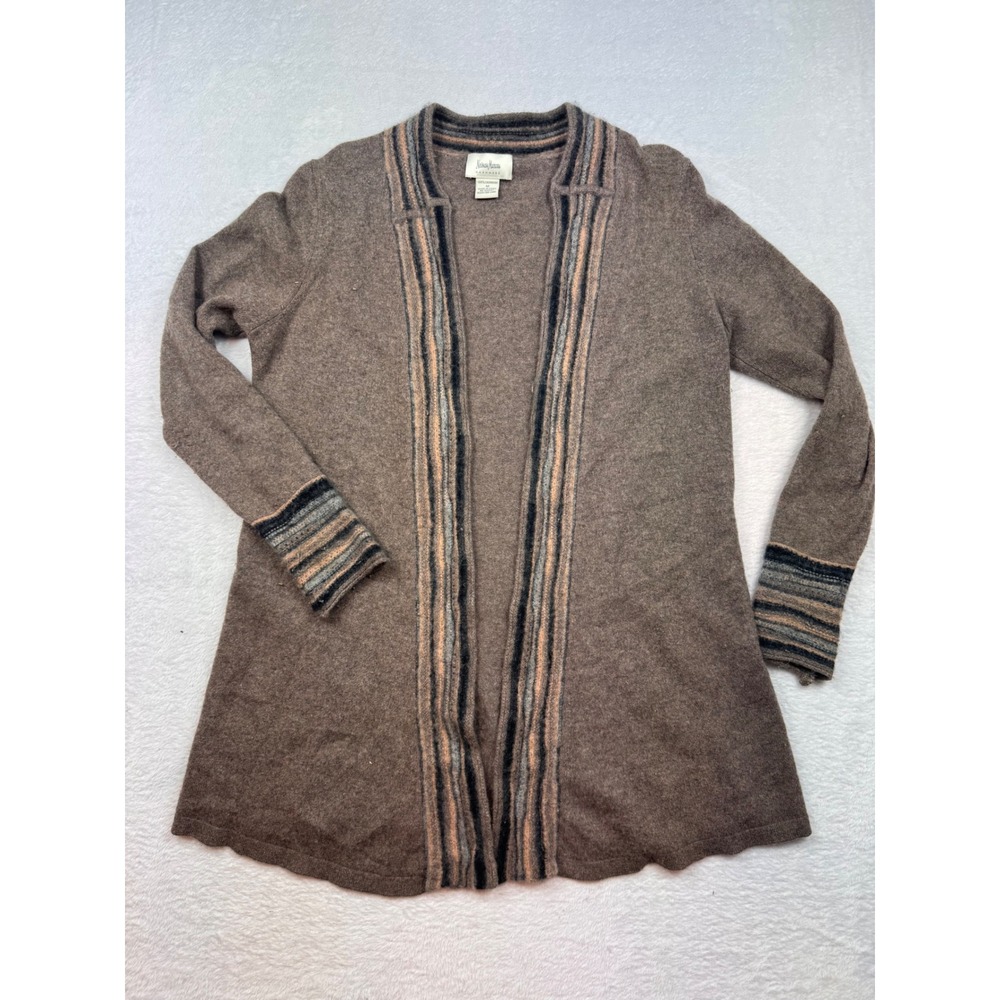 Neiman Marcus Cashmere Cardigan Brown Striped Trim Open Front Sweater Womens M